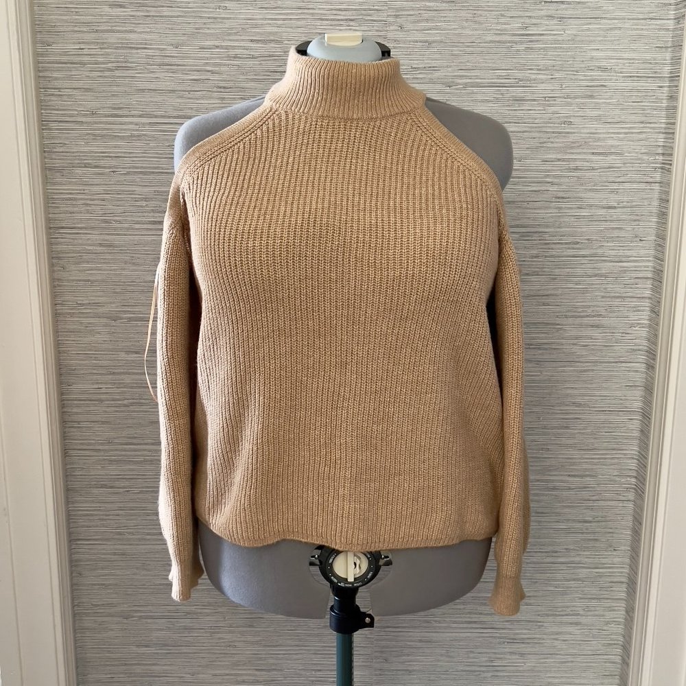 1.State - coldshoulder camel knit sweater